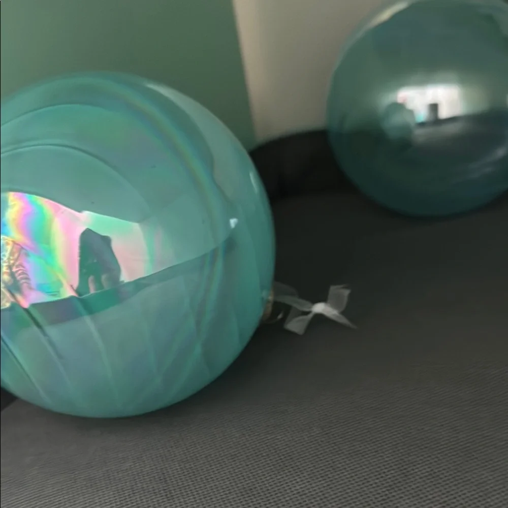 3 Large Iridescent Aqua Glass Holiday Ornaments